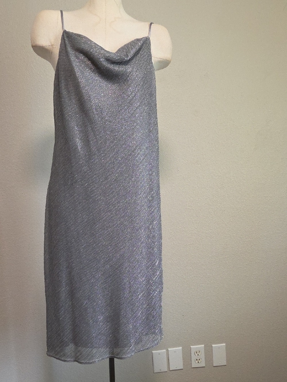 MARINA Silver Shimmer Slip Midi Dress